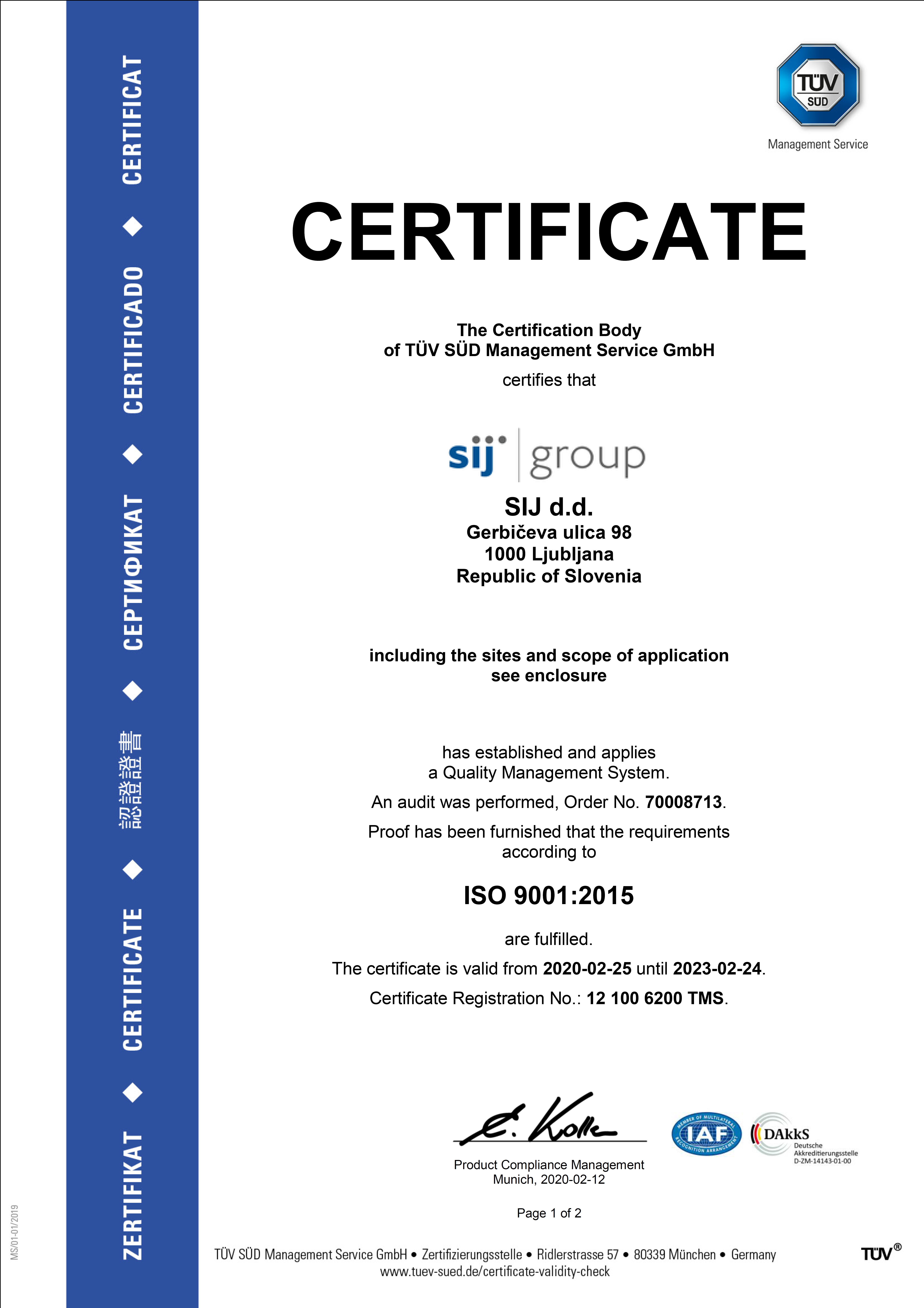 Сертификаты сталелитейного завода SIJ Group