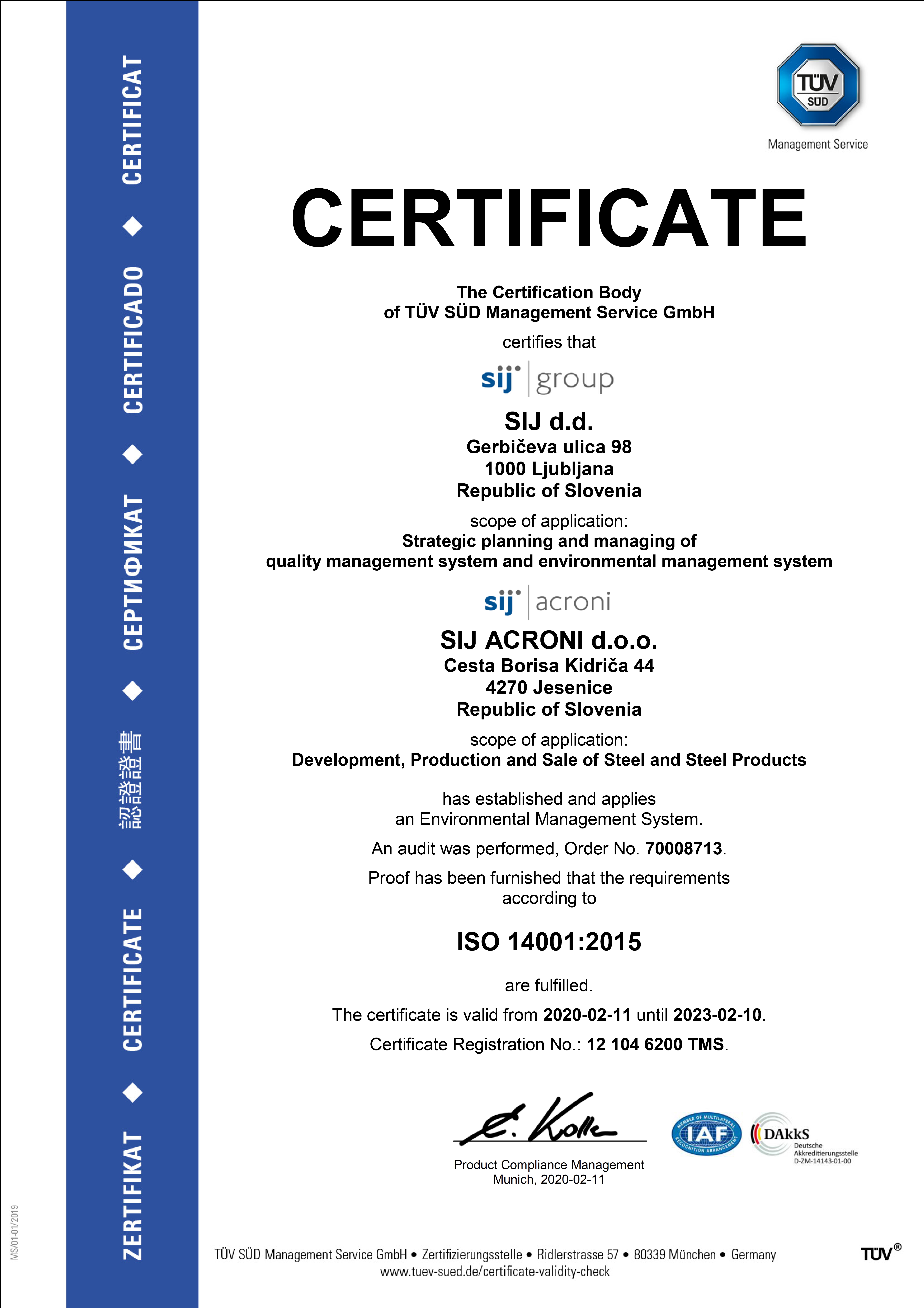 Сертификаты сталелитейного завода SIJ Group